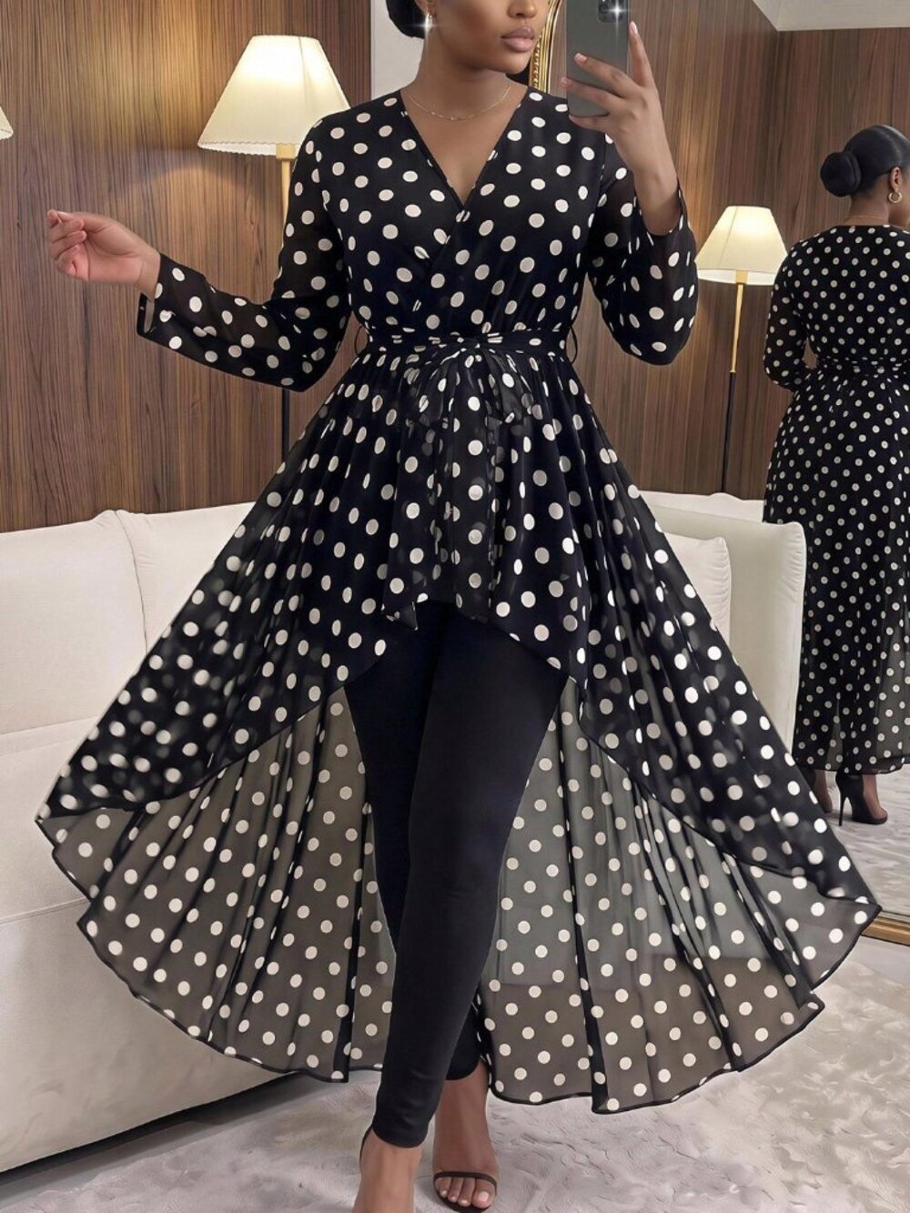 Black And White Casual Women's Polka Dot Long Sleeve High Neck Hemline Blouse